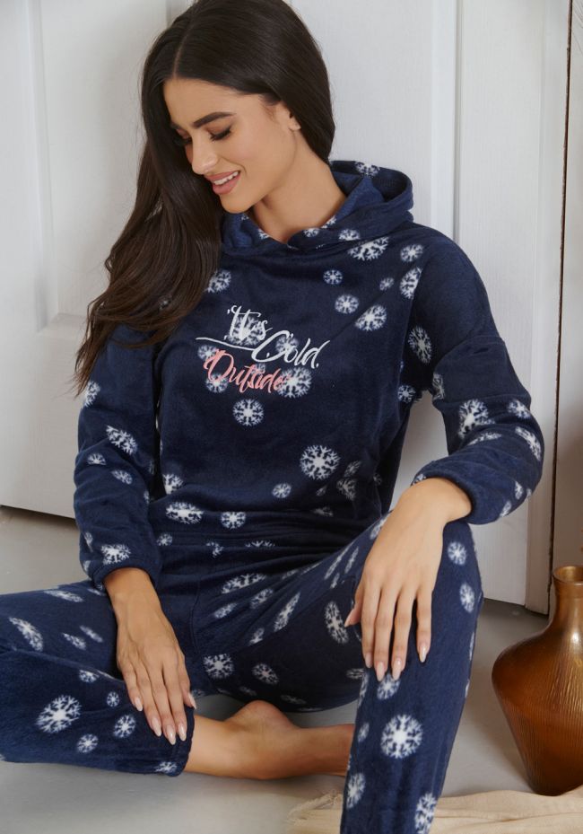 Πιτζάμα γυναικεία φλις με κουκούλα και χιονονιφάδες με logo - Comfort  πιτζάμες εσώρουχα και μαγιό